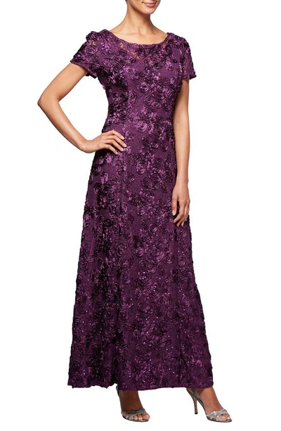 Alex Evenings Short Sleeve Lace Gown In Eggplant