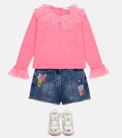 Shop Monnalisa Ruffled Cotton-blend Blouse In Rosa Cipria