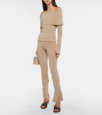 Shop Jacquemus Duci Rib-knit Off-shoulder Top In Dark Beige