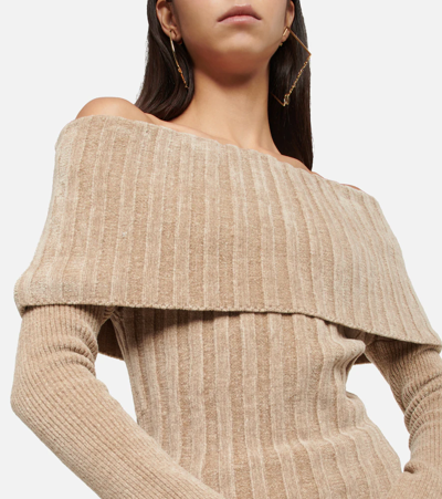 Shop Jacquemus Duci Rib-knit Off-shoulder Top In Dark Beige