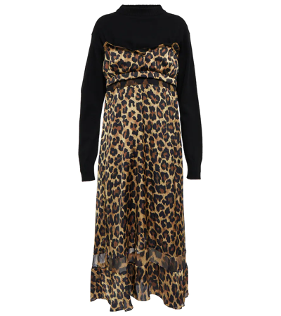 Sacai Wool And Leopard-print Crepe De Chine Midi Dress In Beige