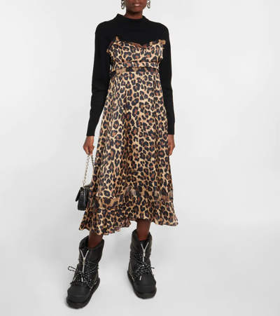 Sacai Wool And Leopard-print Crepe De Chine Midi Dress In Beige