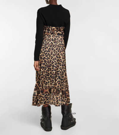 Sacai Wool And Leopard-print Crepe De Chine Midi Dress In Beige