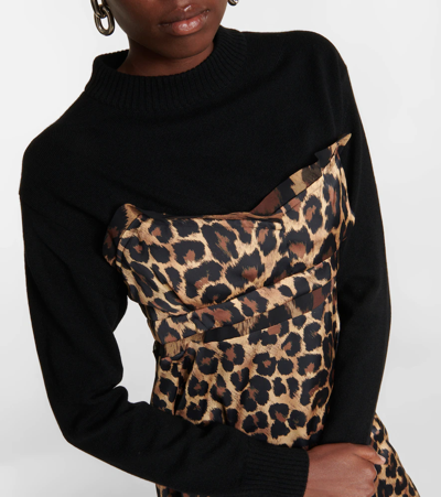 Sacai Wool And Leopard-print Crepe De Chine Midi Dress In Beige