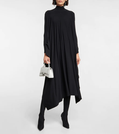 Shop Balenciaga Draped Jersey Mockneck Midi Dress In Black