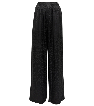 Shop Balenciaga Logo Silk Jacquard Wide-leg Pants In Black