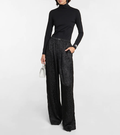Shop Balenciaga Logo Silk Jacquard Wide-leg Pants In Black