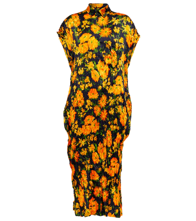Shop Balenciaga Floral Silk Satin Midi Dress In Yellow/navy