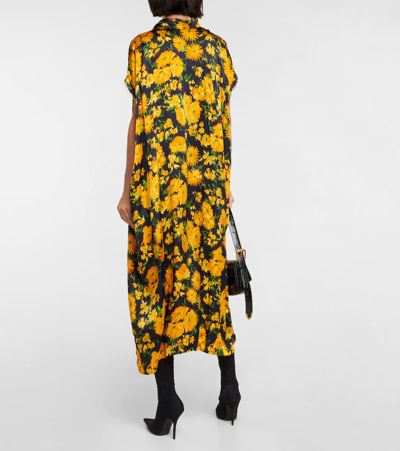 Shop Balenciaga Floral Silk Satin Midi Dress In Yellow/navy