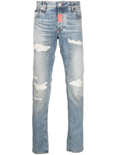 Shop Philipp Plein Distressed Straight-leg Jeans In Blau