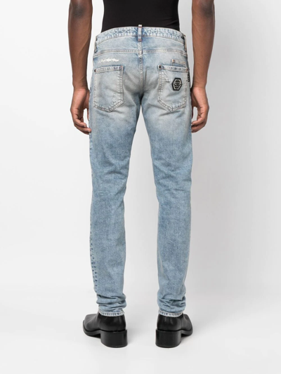Shop Philipp Plein Distressed Straight-leg Jeans In Blau