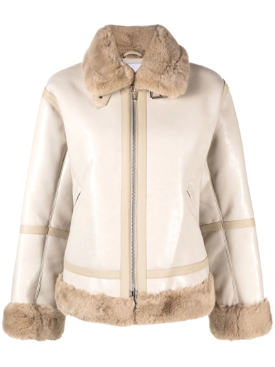 Shop Stand Studio Shearling-trim Zip-fastening Coat In Nude