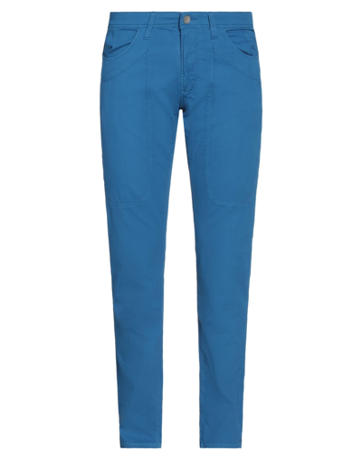 Shop Jeckerson Man Pants Azure Size 30 Cotton, Elastane In Blue