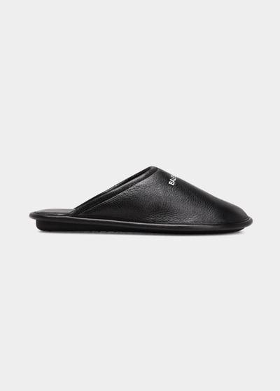 Shop Balenciaga Men's Logo Leather Mules In Noir/ecru