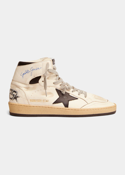 Shop Golden Goose Men's Sky-star Distressed Leather High Top Sneakers In White/black
