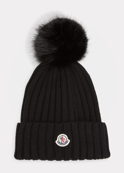 Shop Moncler Logo Beanie W/ Faux Fur Pom In Black