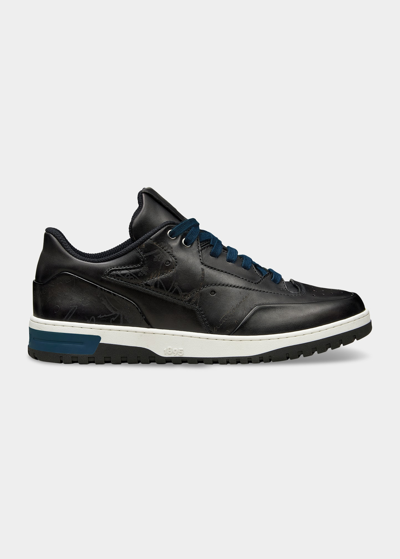 Shop Berluti Men's Scritto Leather Low-top Sneakers In Nero/grigio
