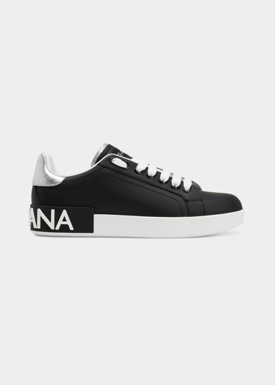 Shop Dolce & Gabbana Leather Logo Low-top Sneakers In Black/silver