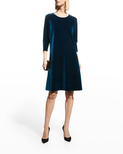 Shop Caroline Rose Round-neck 3/4-sleeve A-line Stretch-velvet Dress In Deep Teal