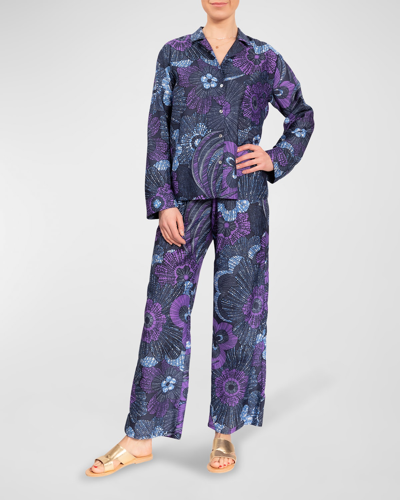 Shop Everyday Ritual Allison/angela Button-down Cotton Pajama Set In Midnight Garden