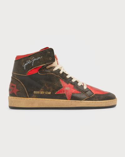 Shop Golden Goose Men's Sky-star Distressed Leather High-top Sneakers In Black/red