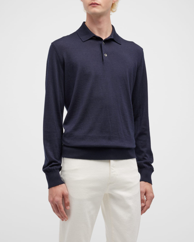 Zegna Cashseta Essential Long Sleeve Regular Fit Polo Shirt In Navy Solid