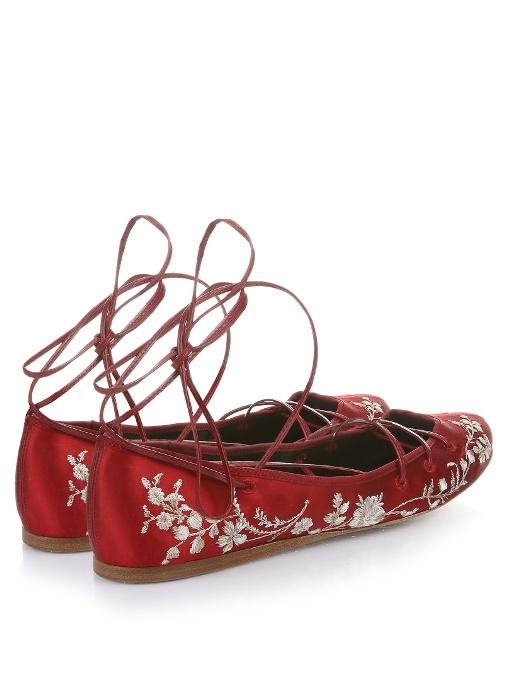 Etro Woman Lace-up Embroidered Satin Ballet Flats Claret In Red | ModeSens