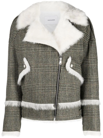 Shop Yves Salomon Houndstooth-pattern Biker Jacket In Nude