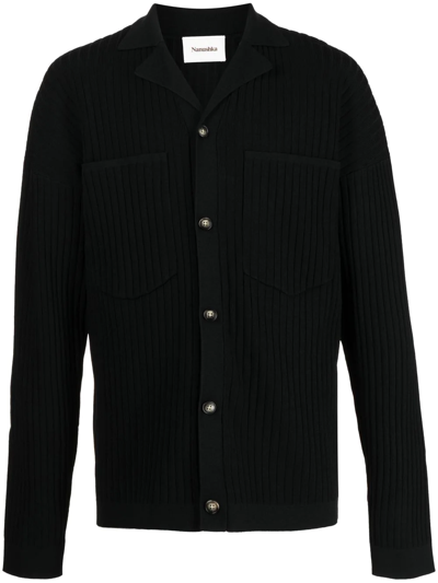 Shop Nanushka Camp Collar Ribbed Cardigan In Schwarz