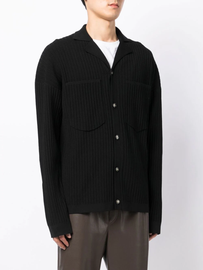 Shop Nanushka Camp Collar Ribbed Cardigan In Schwarz