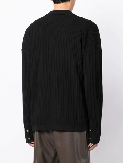 Shop Nanushka Camp Collar Ribbed Cardigan In Schwarz