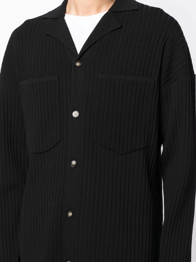 Shop Nanushka Camp Collar Ribbed Cardigan In Schwarz