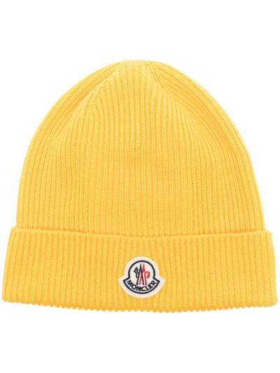 Moncler Logo-patch Ribbed Beanie In Yellow | ModeSens
