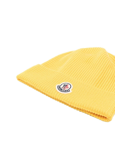 Shop Moncler Logo-patch Ribbed Beanie In Gelb
