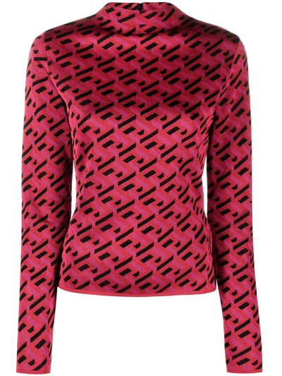 Shop Versace La Greca Monogram Long-sleeve Top In Rot