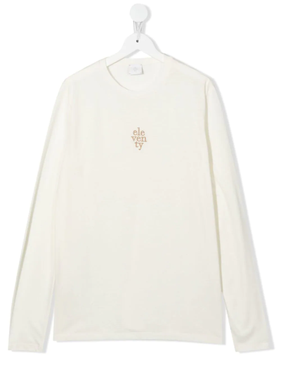 Shop Eleventy Teen Logo-embroidered Long-sleeved T-shirt In 中性色