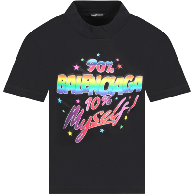 Shop Balenciaga Black T-shirt For Kids With Multicolor Logo