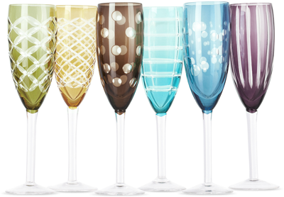 Cuttings set of 6 champagne flute glasses in multicoloured - Polspotten