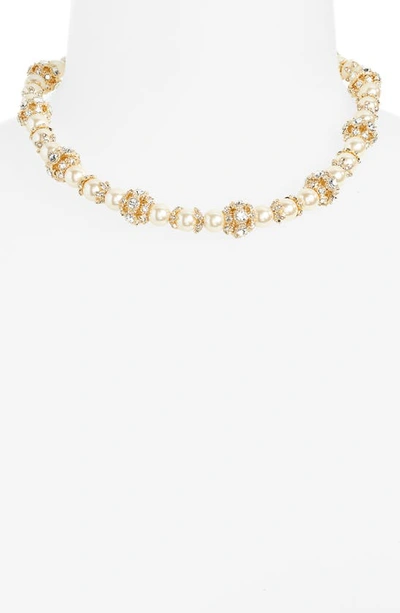 Shop Marchesa Pavé Station Imitation Pearl Collar Necklace In Gold/ Blush/ Cry