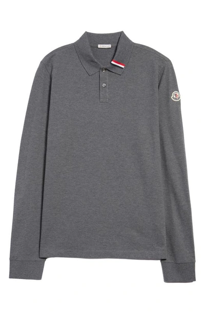 Shop Moncler Long Sleeve Cotton Piqué Polo In Grey