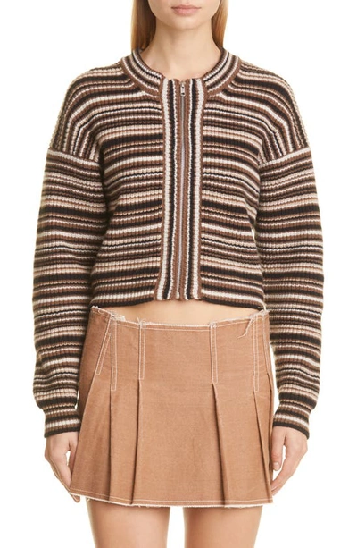 Shop Anne Isabella Stripe Virgin Wool & Cashmere Full Zip Sweater In Brown Stripe