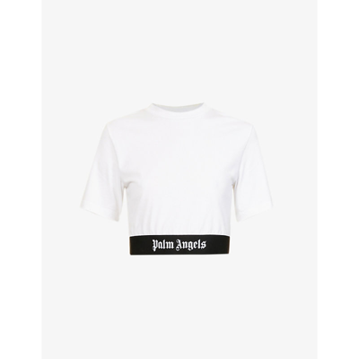 Shop Palm Angels Womens White White Logo-woven Cropped Stretch-cotton T-shirt