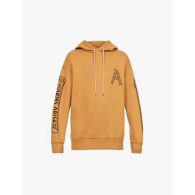 Shop Aries Column Logo-print Relaxed-fit Cotton-jersey Hoody In Camel