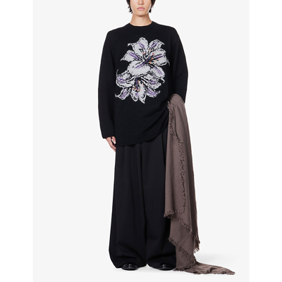 Shop Yohji Yamamoto Floral-pattern Ribbed-trim Wool-knit Jumper In Black