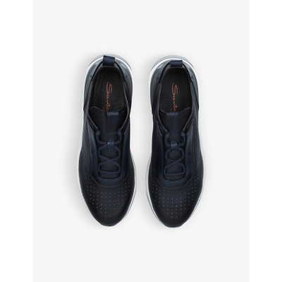 Shop Santoni Mens Navy Patina Runner Leather Trainers