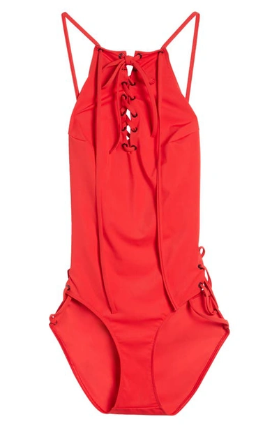 Shop Balenciaga Laced Up One-piece Swimsuit In Red