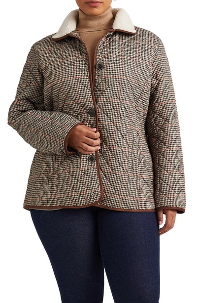 Shop Lauren Ralph Lauren Quilted Houndstooth Jacket With Faux Shearling Collar In Box Houndstooth