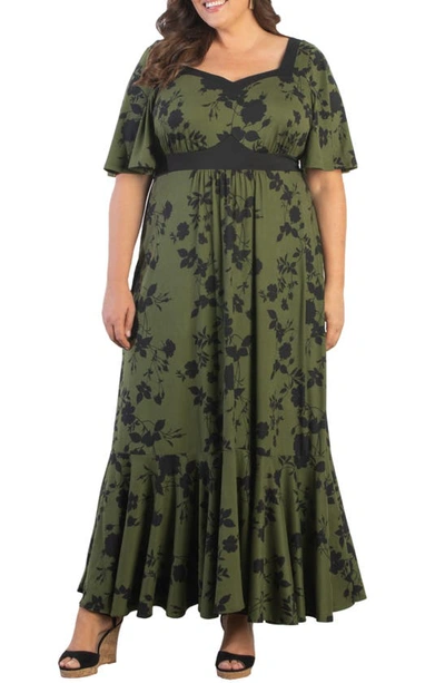 Shop Kiyonna Icon Floral Maxi Dress In Olive Floral Impressions