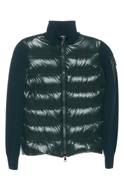 Shop Moncler Quilted Down & Wool Short Cardigan In Green