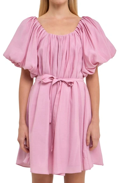 Shop Endless Rose Pleated Puff Sleeve Cotton Blend Minidress In Pink